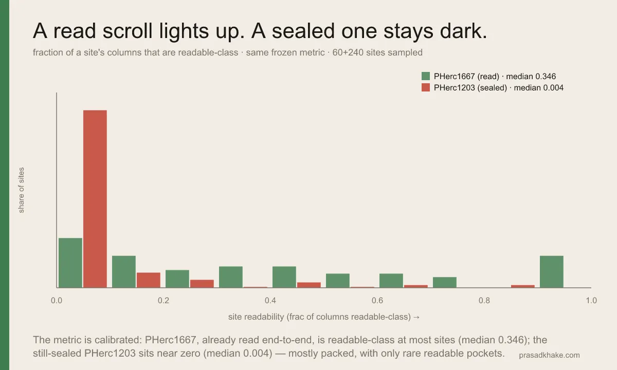 Histogram comparing per-site readability of PHerc1667 (read, green) and PHerc1203 (sealed, red) under the same metric. PHerc1667 spreads across all readability values with a large share of fully readable sites; PHerc1203 is spiked near zero with only a thin tail toward higher readability.