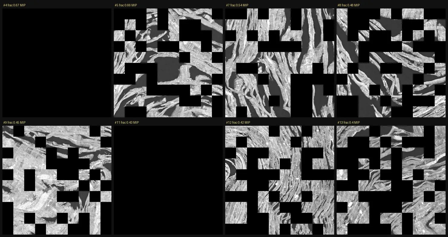 A grid of raw-CT max-intensity projections of several top PHerc1203 pockets at 2.4 micron. Each shows chaotic, swirling, torn papyrus fibers interrupted by masked voids; none shows a flat continuous sheet.